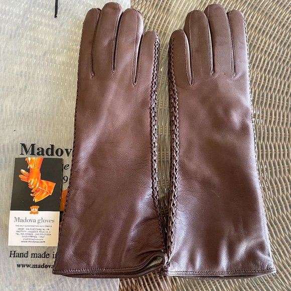 MADOVA LEATHER GLOVES 100% CASHMERE LINED SIZE 7 WOMEN'S BROWN - BRAND NEW - GOR - Picture 1 of 8